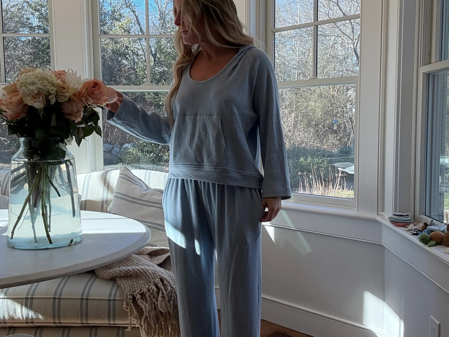 Powder Blue Waffle Hoodie – 100% Cotton Coastal Essential