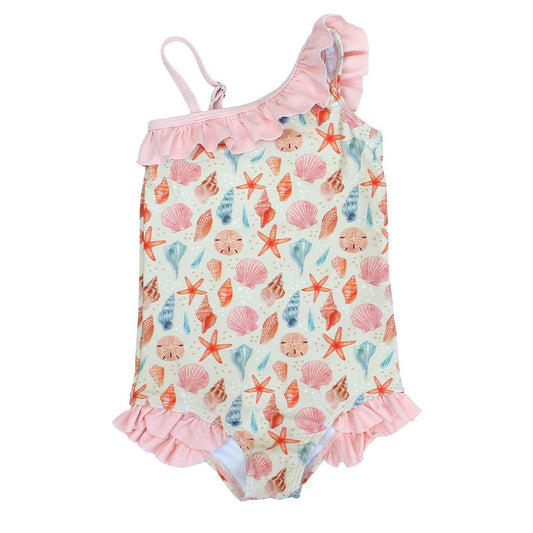Sandy Seashells Beachy Girls Swimsuit One Piece Bathing Suit: Beige/Multi / 6-12M