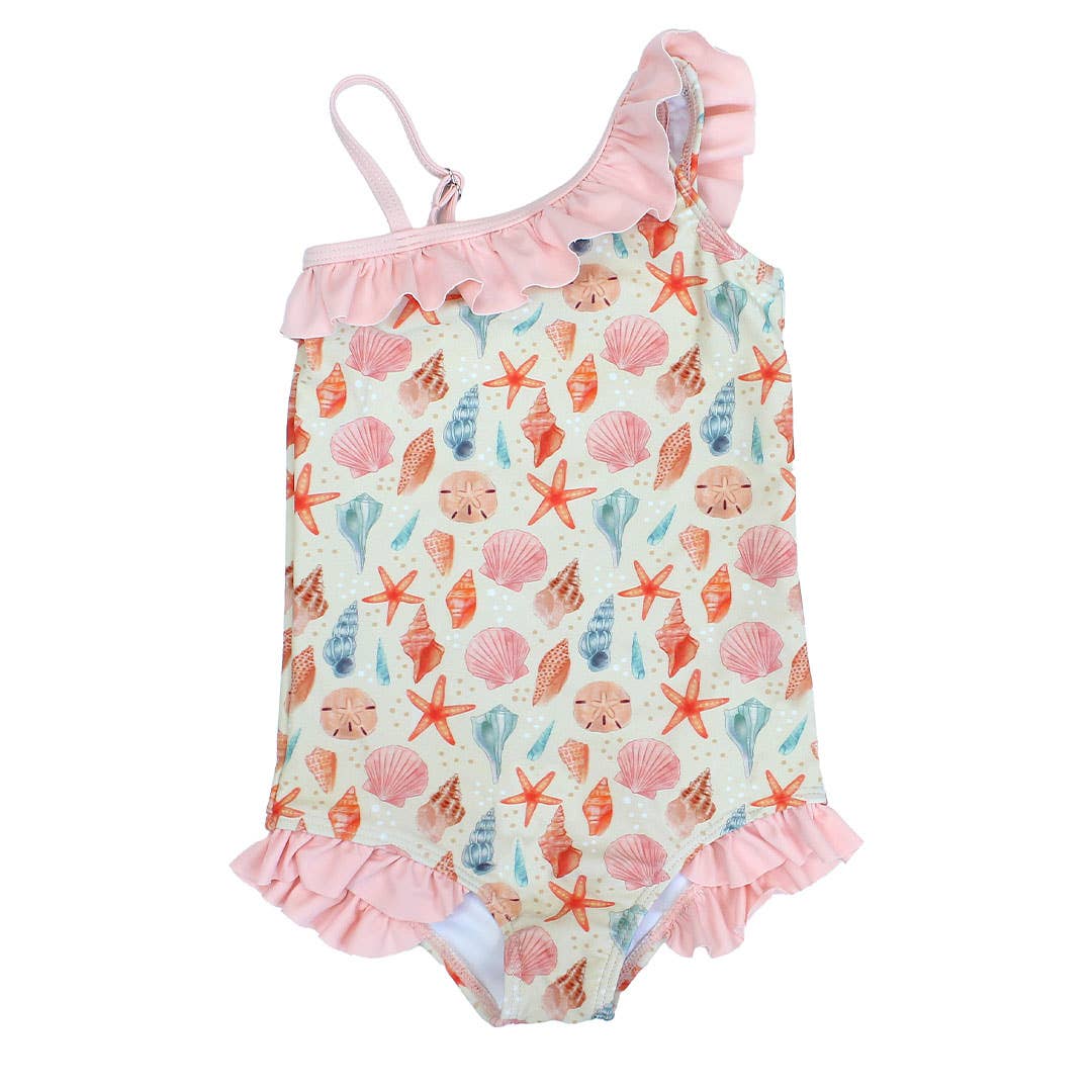 Sandy Seashells Beachy Girls Swimsuit One Piece Bathing Suit: Beige/Multi / 2/3T