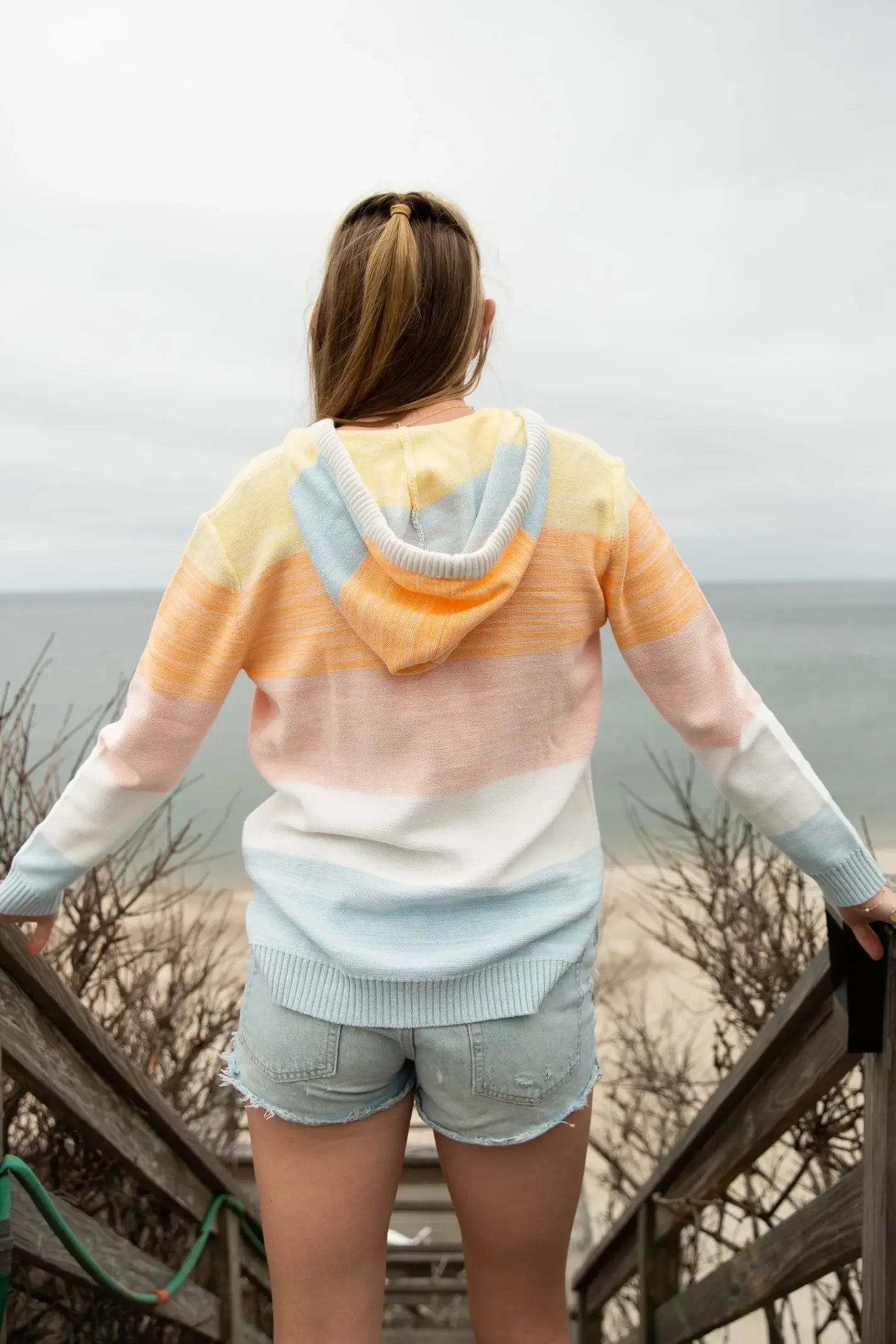 Yarn Dyed Pullover Hooded Beach Sweater 100% Cotton Blue/White: Medium