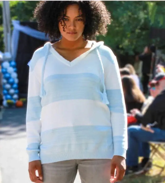 Yarn Dyed Pullover Hooded Beach Sweater 100% Cotton Blue/White: Medium