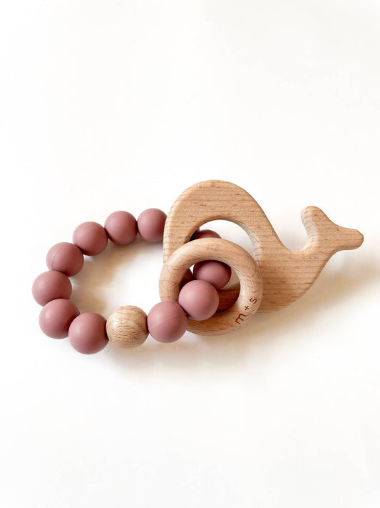 Whale Teether-Silicone and Beech Wood: Blush