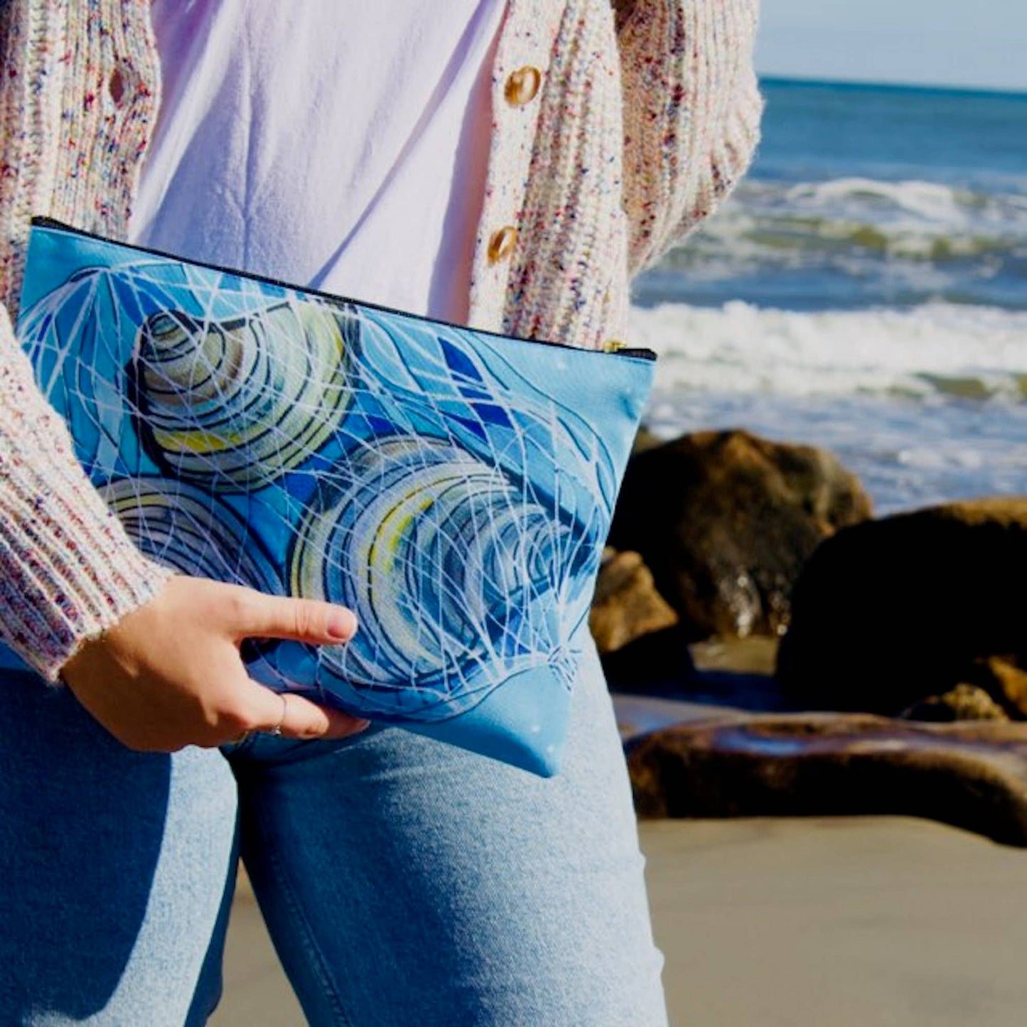 Small Blue Coastal Clams Zipper Clutch Pouch