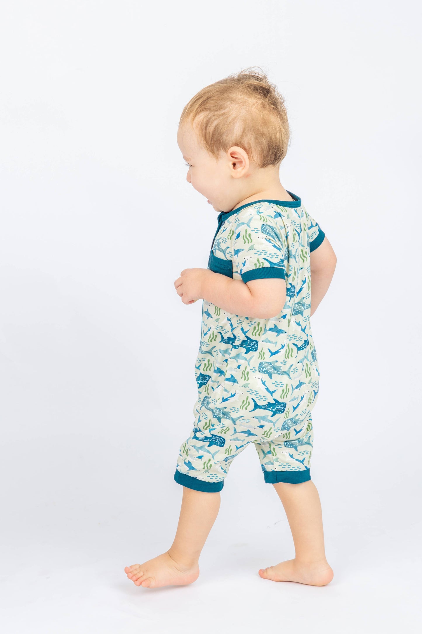 Shark Friends Bamboo Baby Shortie Romper Jumpsuit: Blue/Multi / 0-3M