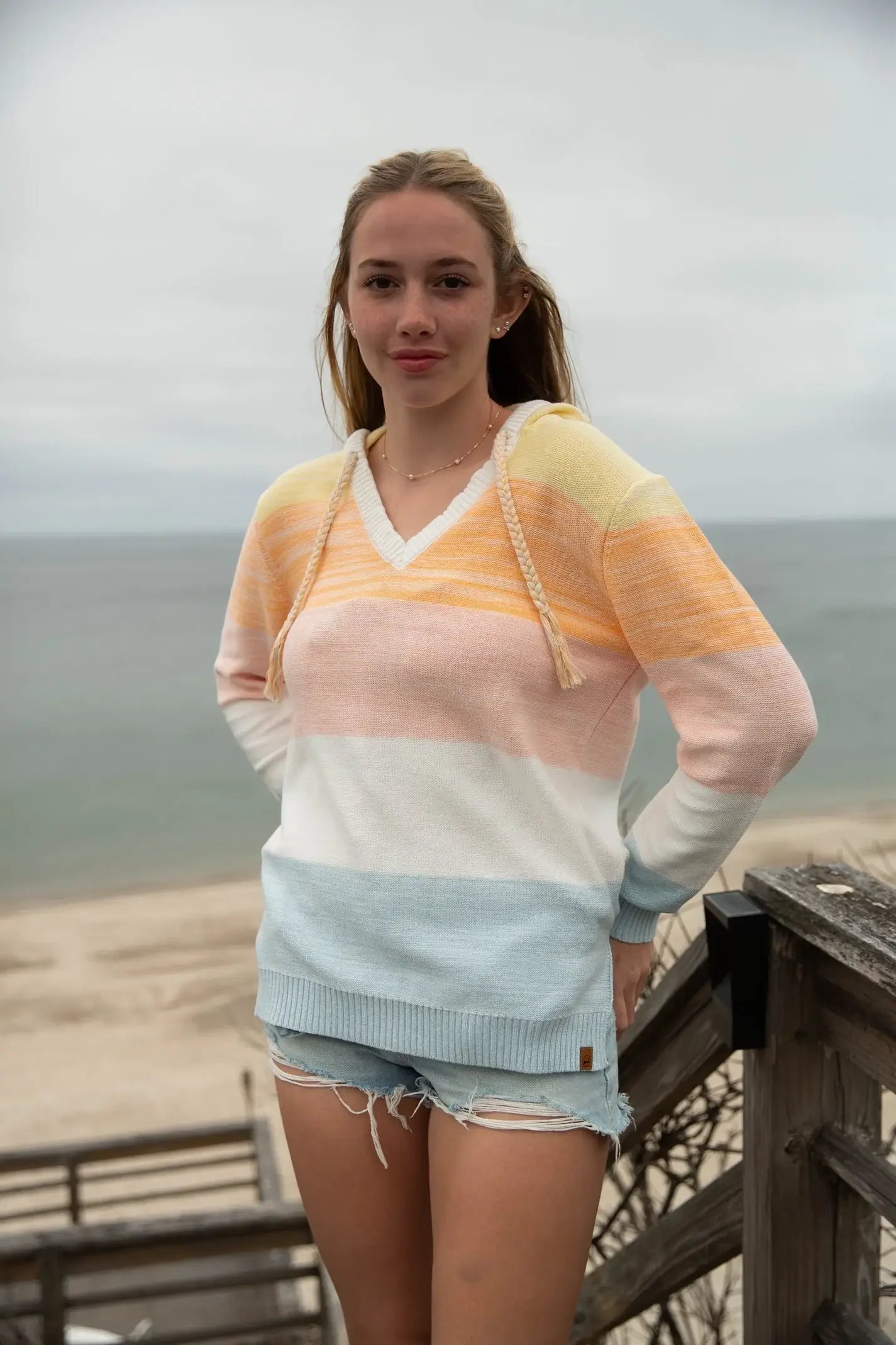 Yarn Dyed Pullover Hooded Beach Sweater 100% Cotton Blue/White: Medium