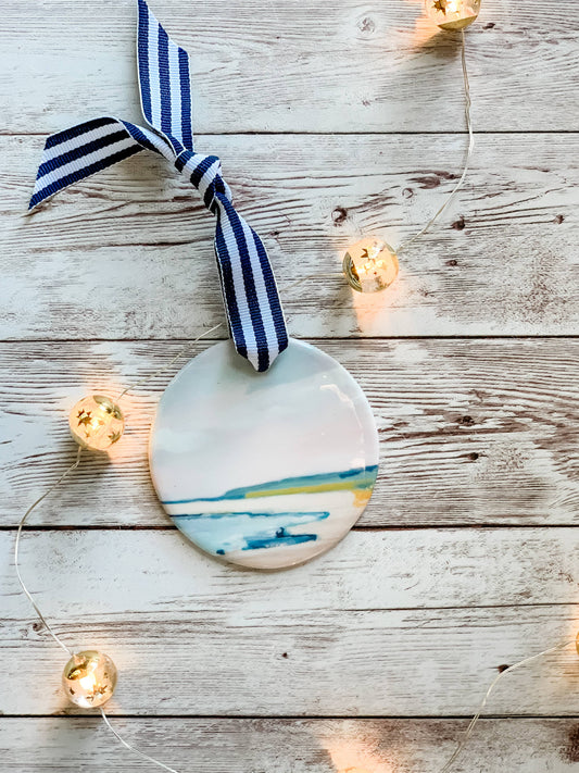 Pastel Beach Ornament, Coastal Holiday Ornament on Porcelain