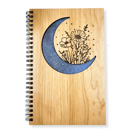 Floral moon wood journal - refillable notebook, stationery: Blank