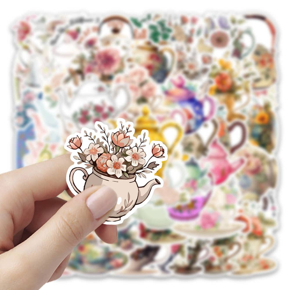 Vintage Floral Teapot & Teacup Stickers - Victorian Style: 10 Stickers