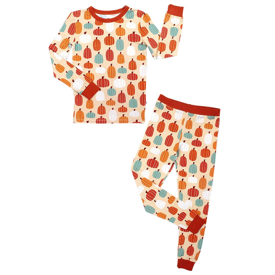 Pumpkin Patch Fall Kids Bamboo Pajamas Toddler Sleep Set: Orange/Multi / 2T