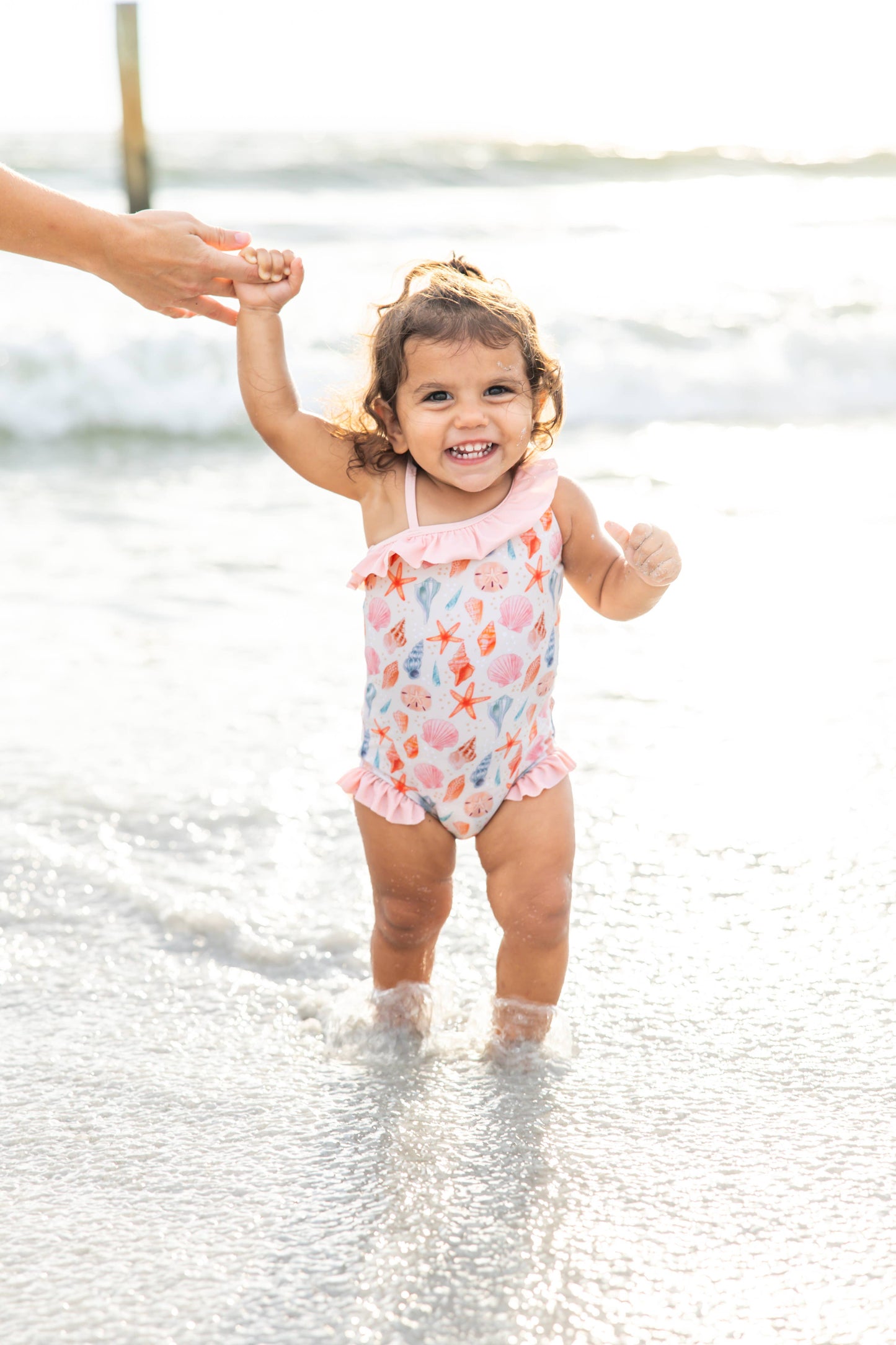 Sandy Seashells Beachy Girls Swimsuit One Piece Bathing Suit: Beige/Multi / 6-12M