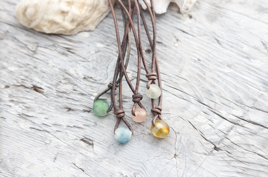 Recycled Sea Glass Leather Drop Necklace: Rose / Beachstone / 20"