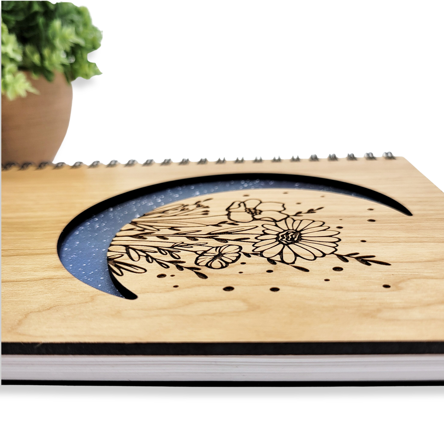 Floral moon wood journal - refillable notebook, stationery: Lined