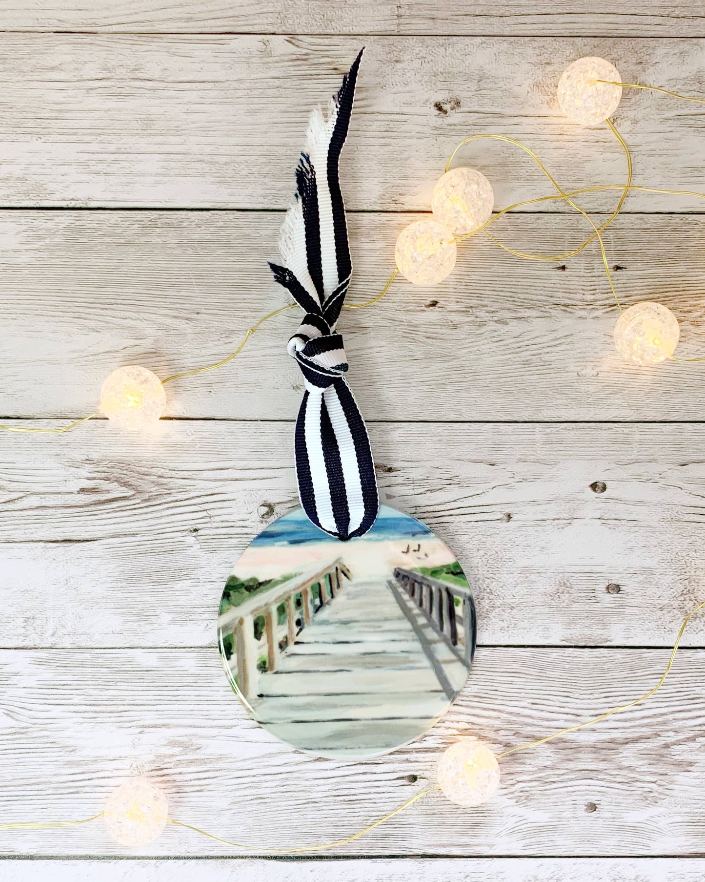 Beach Boardwalk, Coastal Holiday Ornament on Porcelain