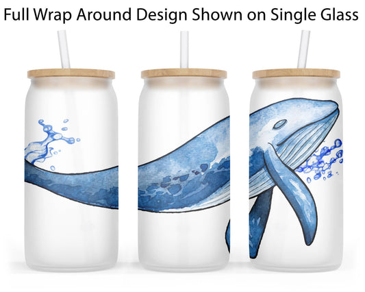 Blue Whale 18oz Frosted Glass Tumbler & Bamboo Lid