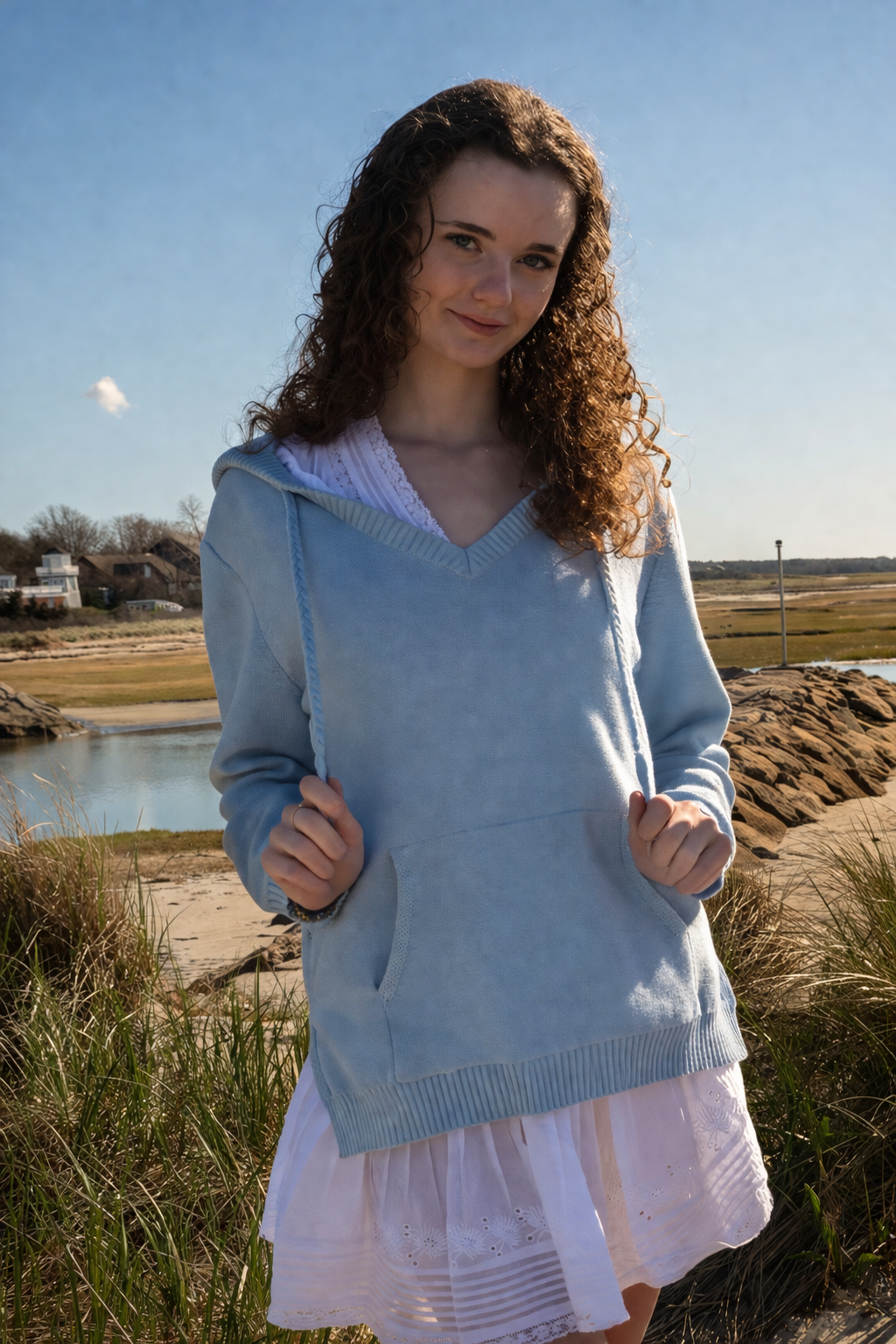 Blue  Hydrangea Coastal Hooded Beach Sweater