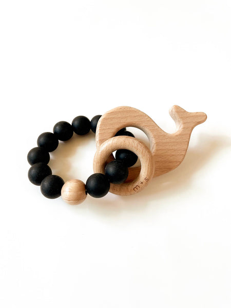 Whale Teether-Silicone and Beech Wood: Powder Blue
