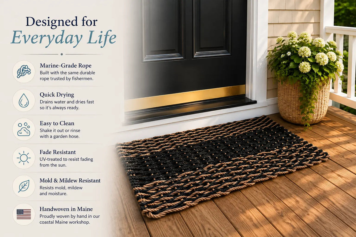 Lobster Rope Door Mat, Blue and Teal, Light Gray accents
