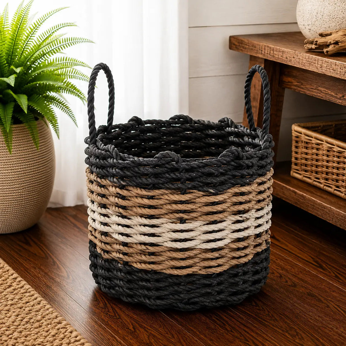 Five Stripe Rope Storage Basket Black, Brown and Tan
