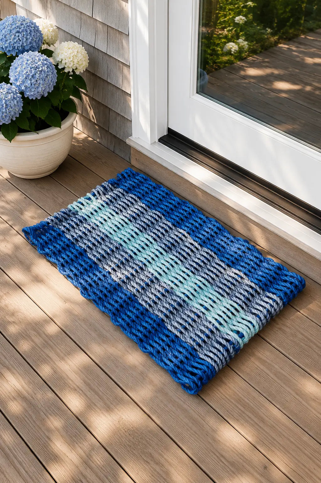 Five Stripe Rope Mat made with Lobster Rope, Blue Gray and Seafoam