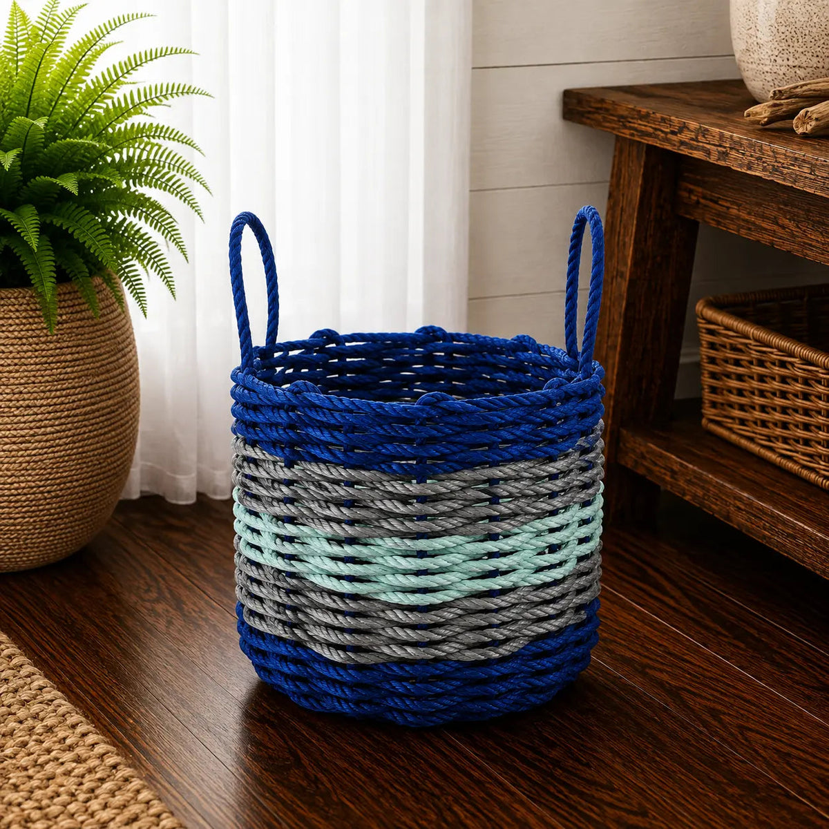 Five Stripe Rope Storage Basket Blue, Gray and Seafoam