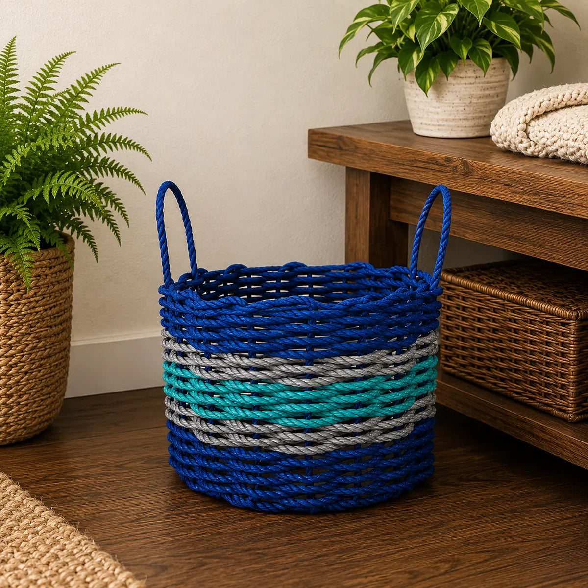 Authentic Maine Lobster Rope Storage Basket Blue and Teal with light Gray Accents