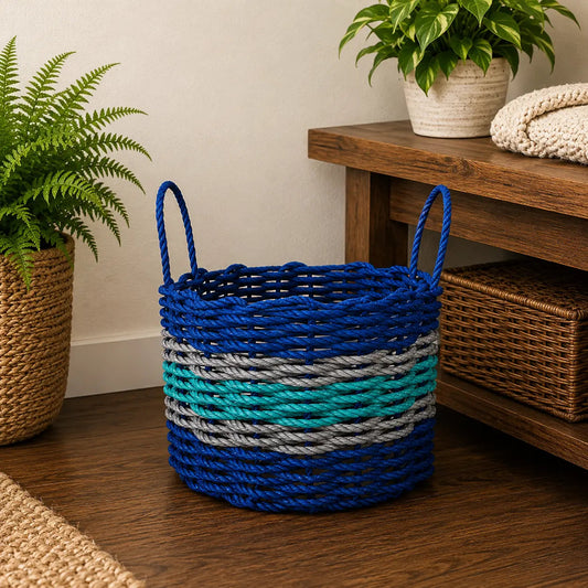 Authentic Maine Lobster Rope Storage Basket Blue and Teal with light Gray Accents
