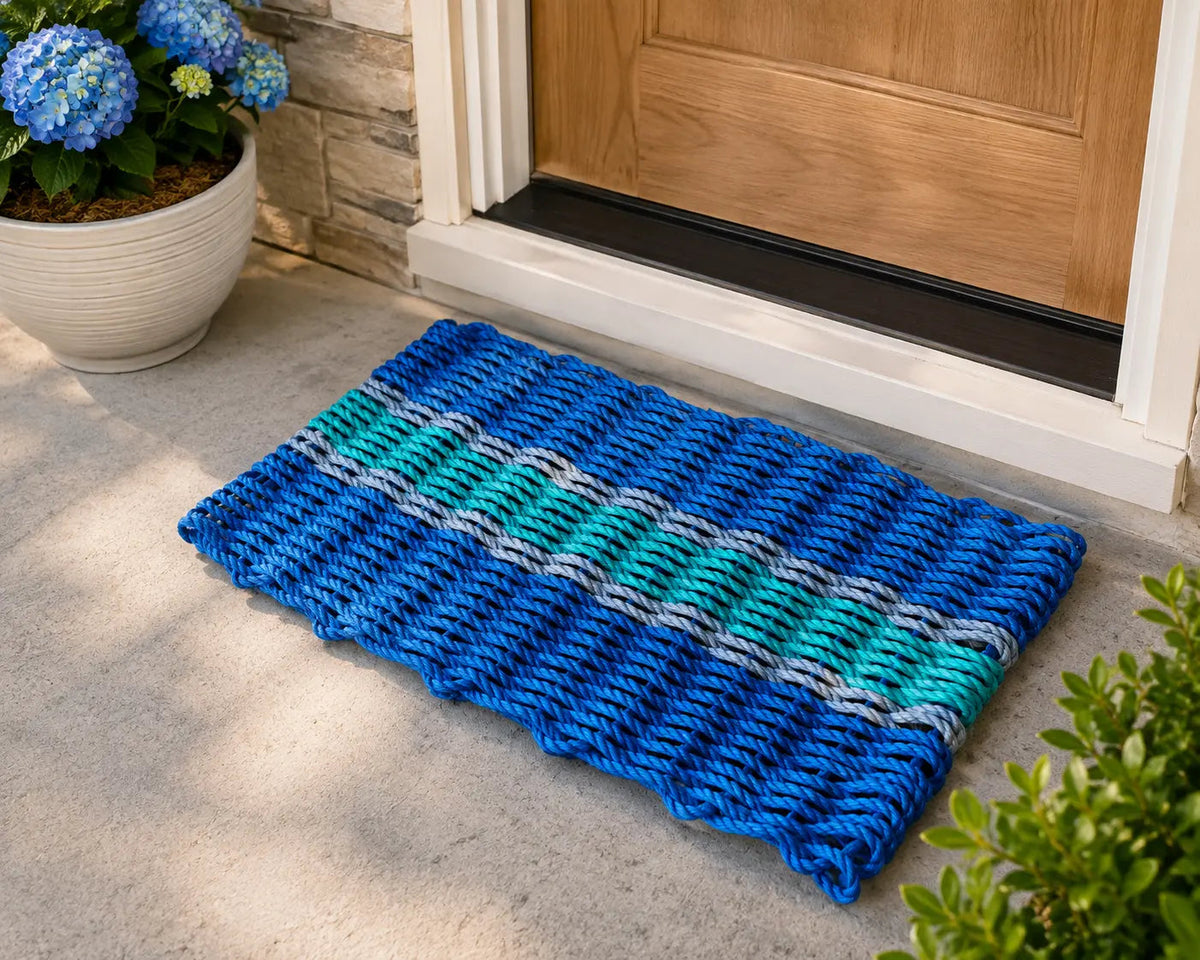 Lobster Rope Door Mat, Blue and Teal, Light Gray accents