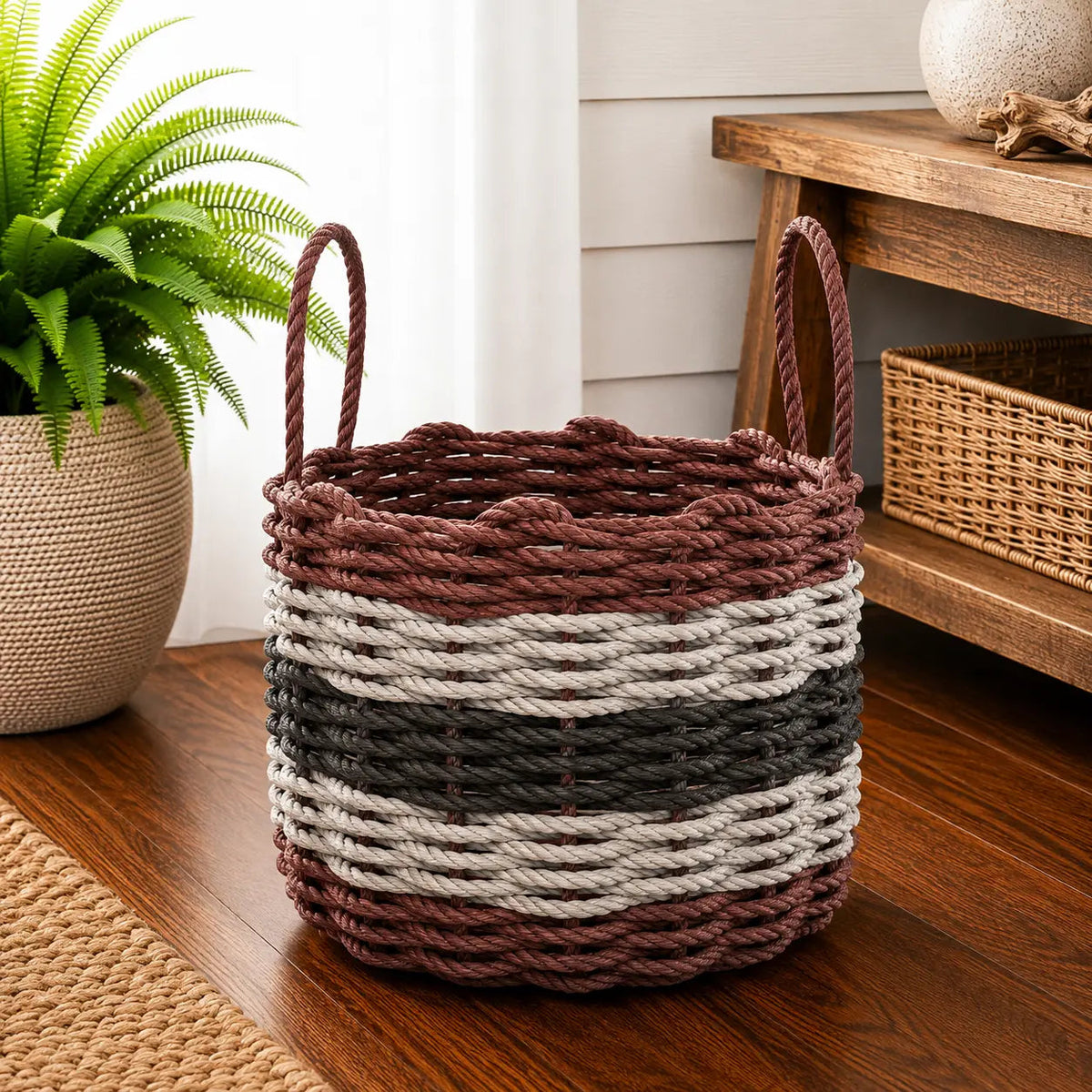 Five Stripe Rope Storage Basket Burgundy, Gray and Black