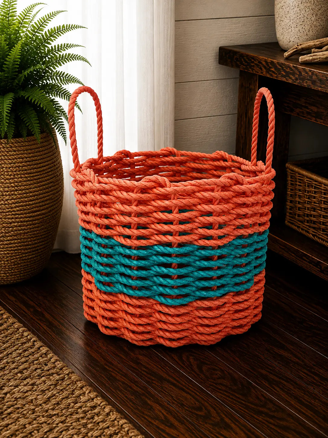 Authentic Maine Lobster Rope Storage Basket. Coral Orange and Teal