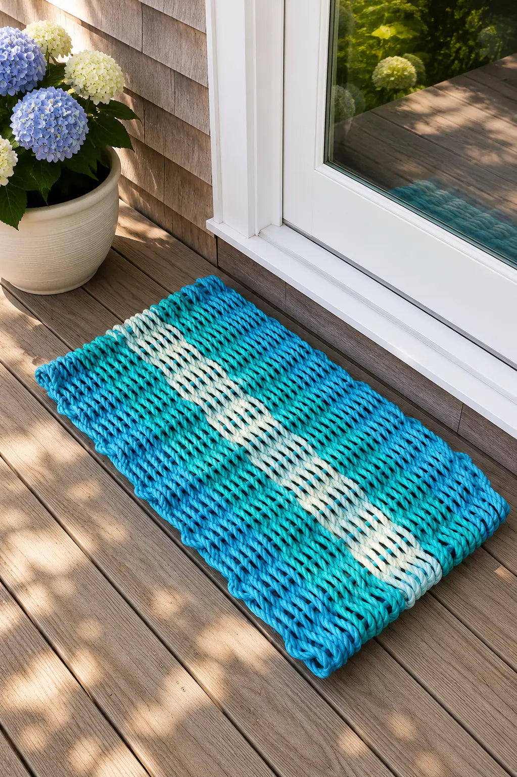 5 Stripe Lobster Rope Mat Light Blue Teal and Seafoam