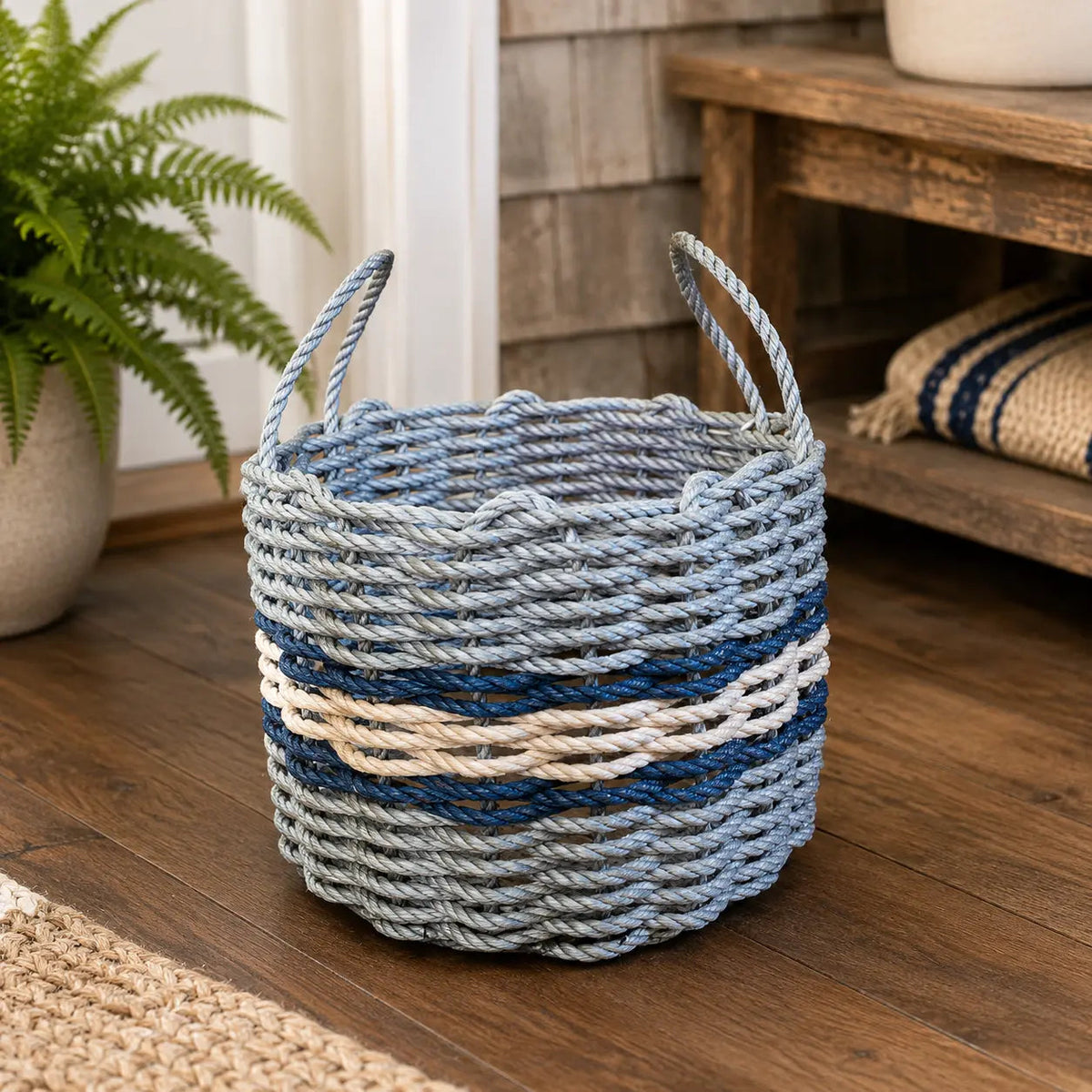 Lobster Rope Basket Light Gray and Light Tan, Navy Accents