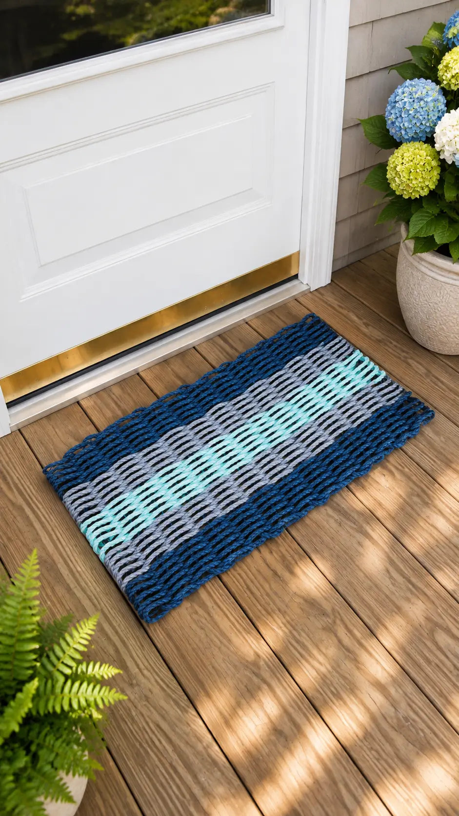 Five Stripe Rope Mat made with Lobster Rope Navy, Light gray and seafoam