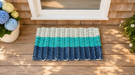 Ombre Rope Mat made with Lobster Rope, Navy Blue, Teal, Seafoam