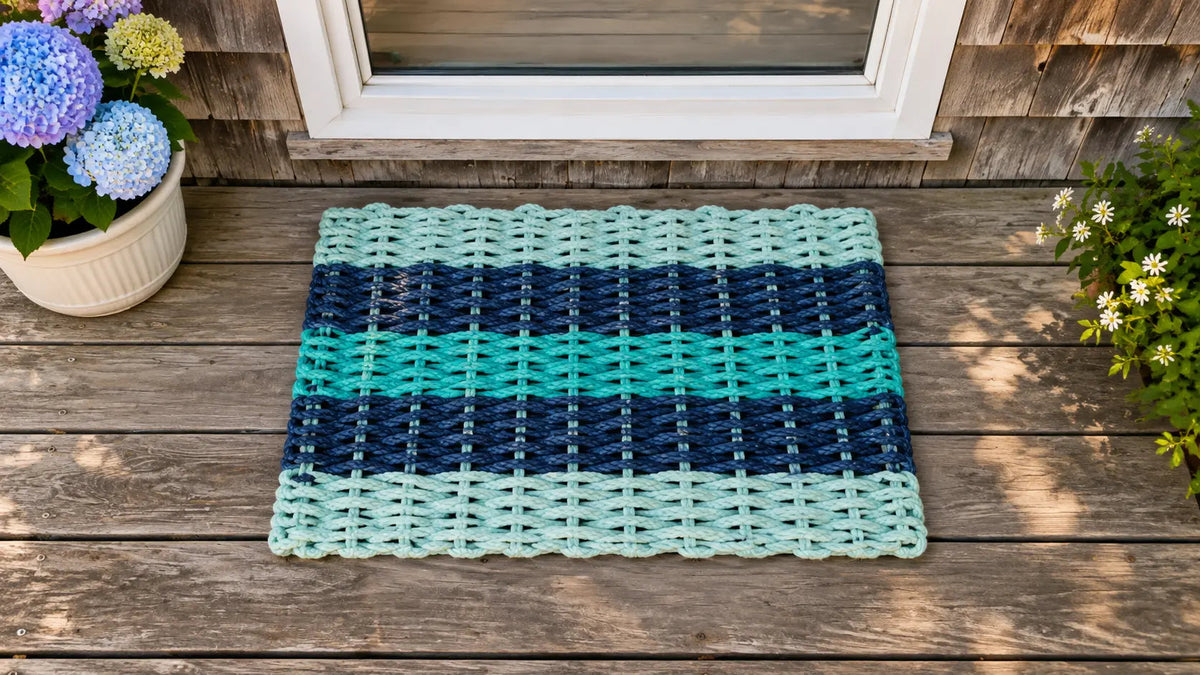 Seafoam, Navy and Teal Rope Mat made with Lobster Rope