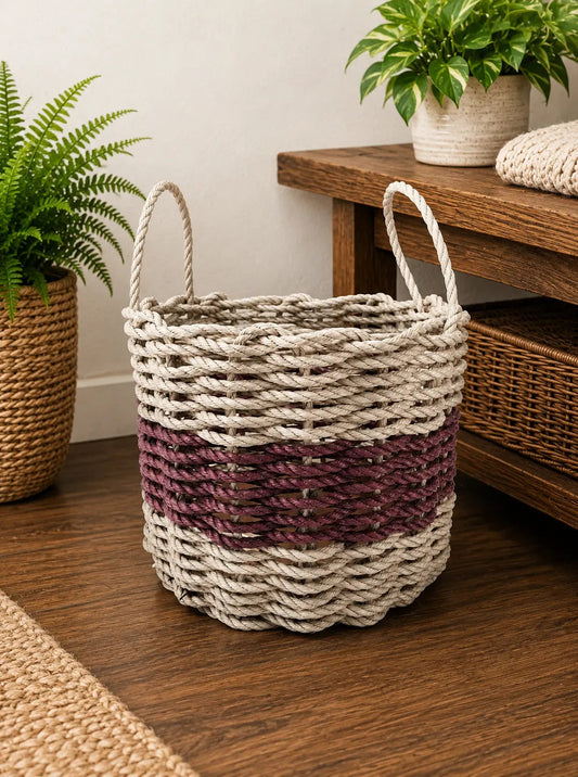 Authentic Maine Lobster Rope Storage Basket Tan and Burgundy