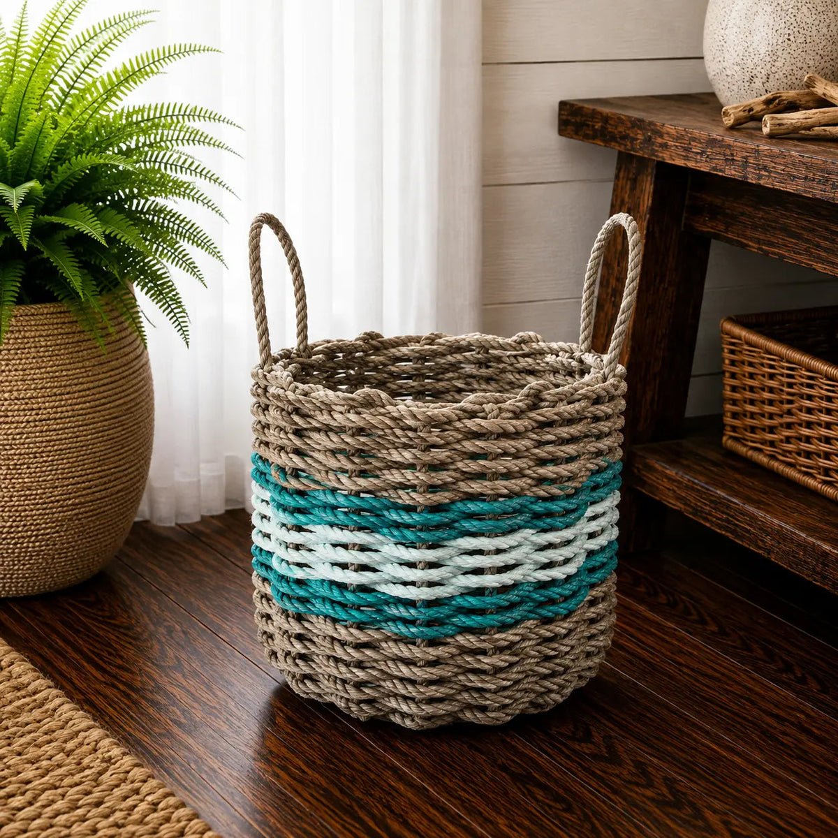 Lobster Rope Basket Tan and Seafoam, Teal Accents