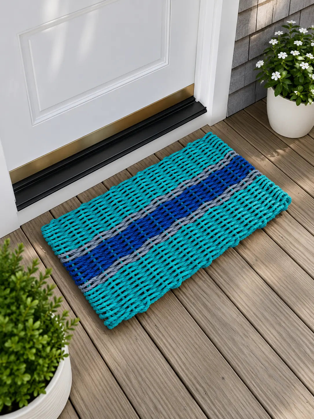 Lobster Rope Door Mat, Teal and Blue, Light Gray accents