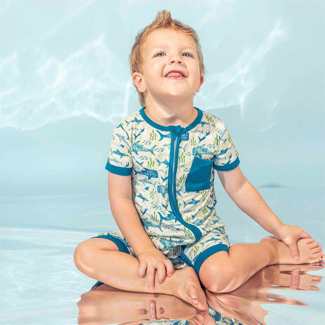 Shark Friends Bamboo Baby Shortie Romper Jumpsuit: Blue/Multi / 6-12M