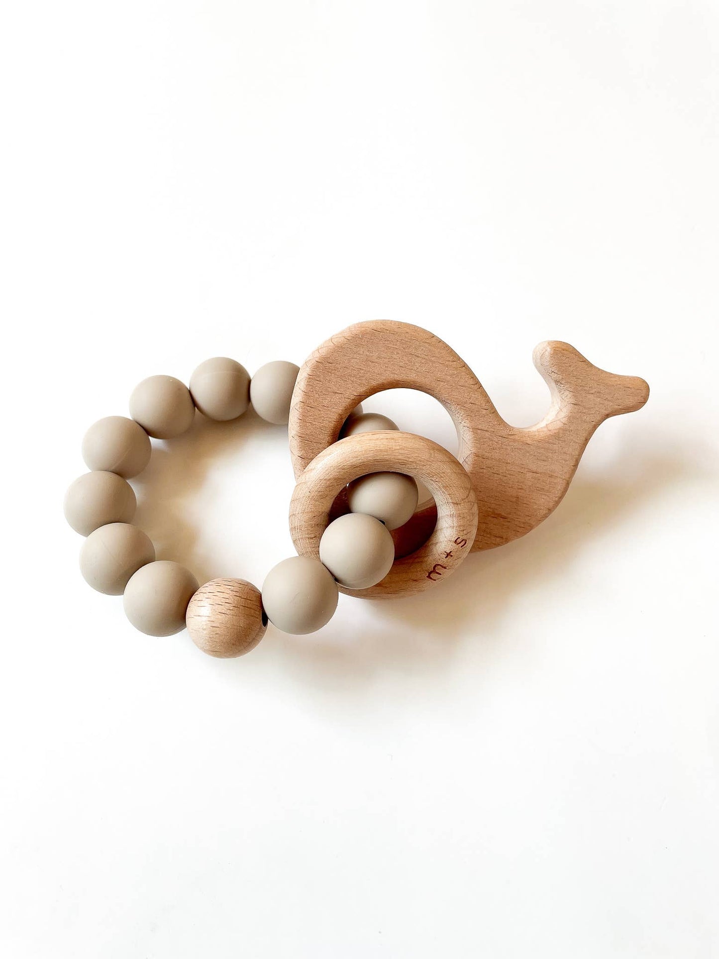 Whale Teether-Silicone and Beech Wood: Peach