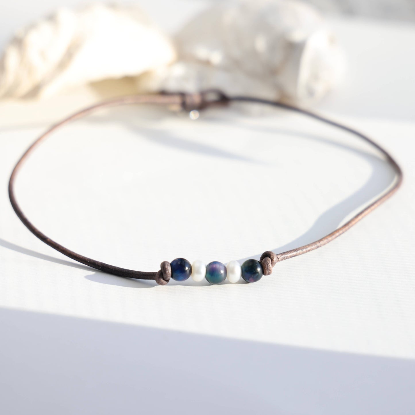 Surf and Stone Leather Choker Necklace: 16" / Tiger's Eye