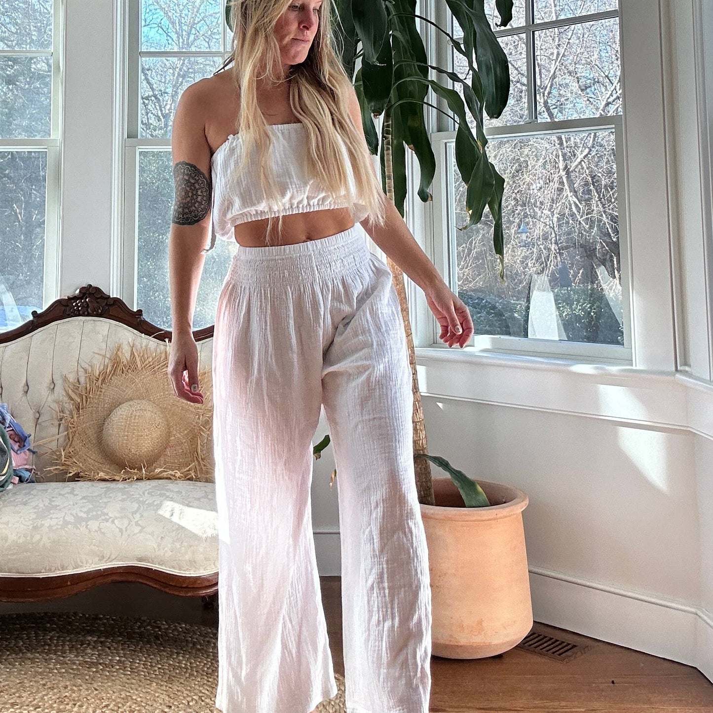 Cotton Wide Leg Beach Pants: L