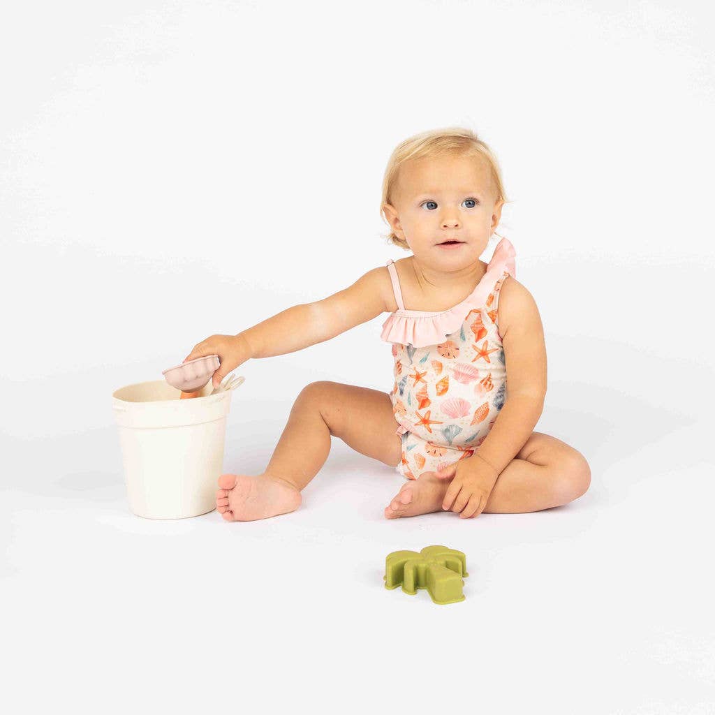 Sandy Seashells Beachy Girls Swimsuit One Piece Bathing Suit: Beige/Multi / 6-12M