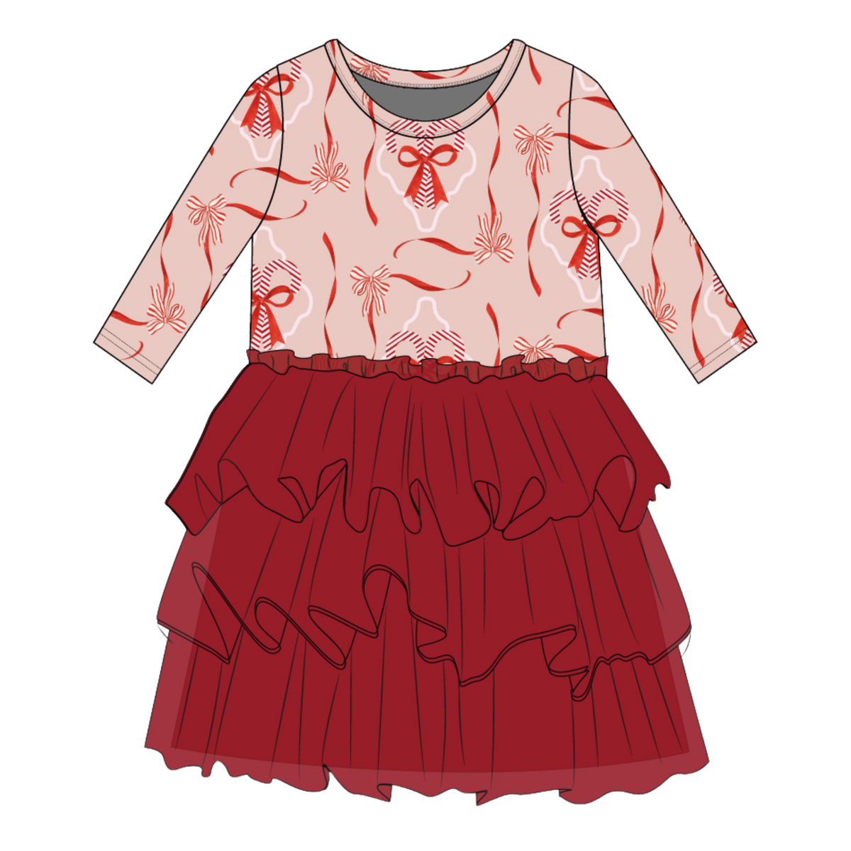 Candy Cane Coquette Long Sleeve Tiered Tulle Dress