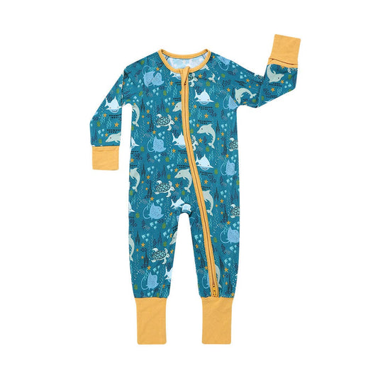 Ocean Friends Bamboo Pajama Convertible Footie Romper: Blue / 6-12M