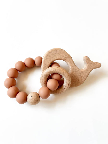 Whale Teether-Silicone and Beech Wood: Powder Blue