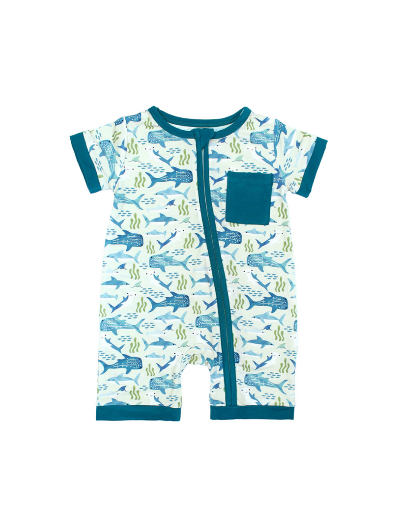 Shark Friends Bamboo Baby Shortie Romper Jumpsuit: Blue/Multi / 6-12M
